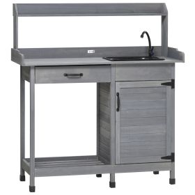 Outdoor Potting Bench Table with Sink, Faucet and Drawer for Greenhouse, Garden, Patio, Gray
