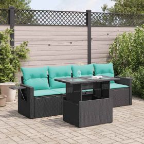 5 Piece Patio Sofa Set with Cushions Black Poly Rattan Acacia