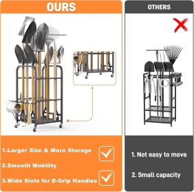 Garden Tool Organizer Stand with Wheels, Rakes Shovels Yard Tools Stand for Garage, Shed, Garden, Indoor/Outdoor Long-Handled Tools Cart
