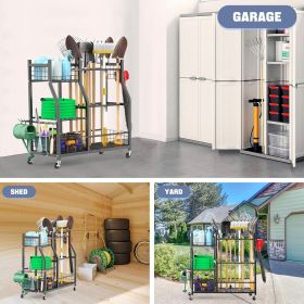 Garden Tool Organizer with Wheels for Garage, Large Storage Capacity, Rakes/Shovels/Yard Tools Storage Stand for Shed, Garden