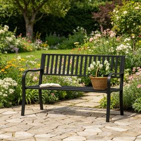 Black 50" Outdoor Garden Bench Patio Slatted Seat Metal Porch Bench for Backyard Poolside Lawn