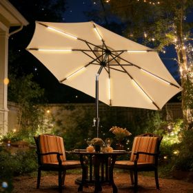 9FT Patio Umbrella Solar Lighted Outdoor Umbrella with LED Strips, Convenient Crank Lift System, for Beach, Gargen, Yard, Home, Pool, Beige