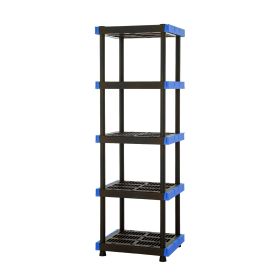 5-Shelf Plastic Storage Shelf, 24" W x 20" D x 72" H, Holds up to 500 lb Total Capacity, Black and Blue