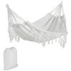 Extra Large Boho Hammock with Macrame Tassel Fringe, Includes Carrying Bag, Indoor Outdoor Tree Hammock for Porch, Backyard, Camping, White