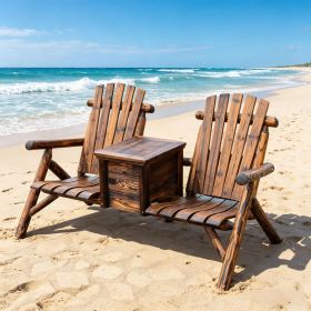 Rustic Brown Double Wooden Chair with Ice Bucket Outdoor Loveseat High Backrest Smooth Armrest for Garden Patio Furniture