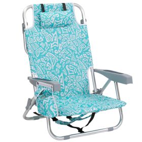 1 PCS Aluminum Beach Chair, 8.5 Inch Seat Height Teal Tribal Pattern, Adjustable Folding Chair with Headrest, Shoulder Strap