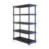 5-Shelf Plastic Storage Shelf, 48" W x 20" D x 72" H, Holds up to 1000 lb Total Capacity, Black and Blue