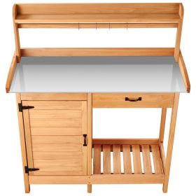 Potting Bench Table, 3-in-1 Outdoor Gardening Wooden Workstation with 44 x 19 in Galvanized Iron Tabletop, Garden Work Station with Drawer