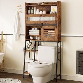 Over The Toilet Storage with Cabinet, Sliding Barn Door, Side Storage Open Rack, Mass-Storage Over Toilet Bathroom Organizer for Bathroom, Restroom