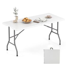 5FT Foldable Picnic Table, HDPE Top 400LBS Capacity Camping Table with Handle, White