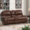 Achern Brown Leather-Air Nailhead Manual Reclining Loveseat with Storage Console
