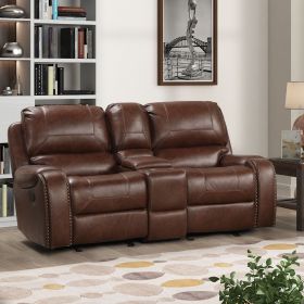 Achern Brown Leather-Air Nailhead Manual Reclining Loveseat with Storage Console
