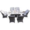 Great Deal Direct Wicker Patio Fire Pit Dining Set 6-Seat Rectangular Aluminum Table with Rattan Chairs
