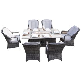 Great Deal Direct Wicker Patio Fire Pit Dining Set 6-Seat Rectangular Aluminum Table with Rattan Chairs