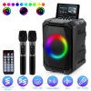 Portable Wireless Party Speaker with LED Light 2 Wireless Mics Remote Control TWS Music Accompany Mic. Priority Bass Echo Mic Treble Guitar In
