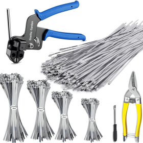 Stainless Steel Cable Tie Gun Set, with 150PCS Metal Zip Ties (Includ 6, 7.8, 9.8, 11.8 Inch), Adjustable Fastening Cutting Tie Tool Sets for Fen