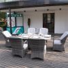 Great Deal Direct Wicker Patio Fire Pit Dining Set 6-Seat Rectangular Aluminum Table with Rattan Chairs