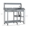 Wooden Potting Bench Table Gray with Removable Sink Hose Hook Up Drawer Shelves Hooks