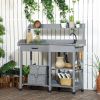 Wooden Potting Bench Table Gray with Removable Sink Hose Hook Up Drawer Shelves Hooks