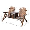 Rustic Brown Double Wooden Chair with Ice Bucket Outdoor Loveseat High Backrest Smooth Armrest for Garden Patio Furniture