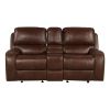 Achern Brown Leather-Air Nailhead Manual Reclining Loveseat with Storage Console