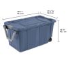 Extra Large Wheeled Industrial Storage Bin, 40 Gallon Rugged Plastic Storage Tote with Latch Lid and Pull Handle, Blue, 2 Pack